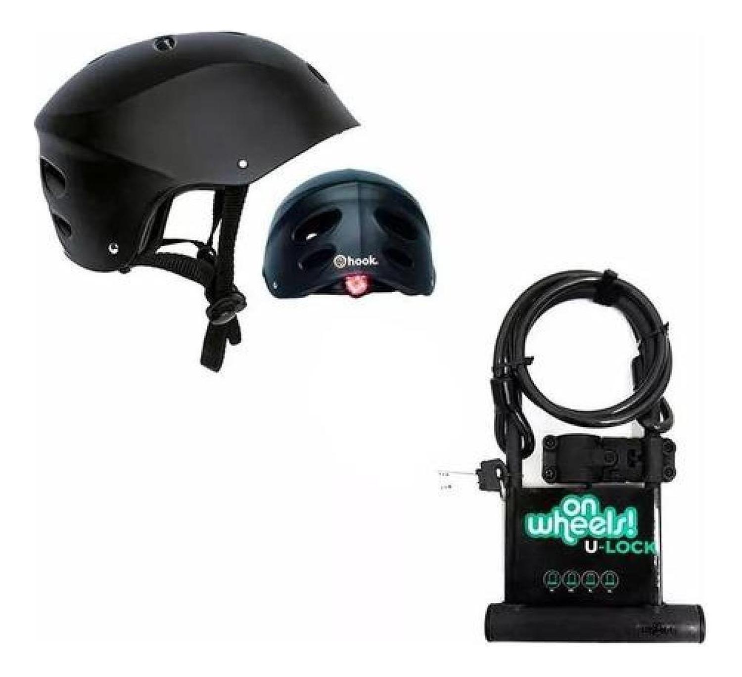Set Casco Street Hook Con Luz + Candado Largo Tipo U + Piola Negro M