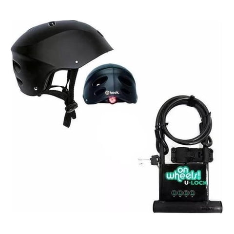 Set Casco Street Hook Con Luz + Candado Largo Tipo U + Piola Negro M