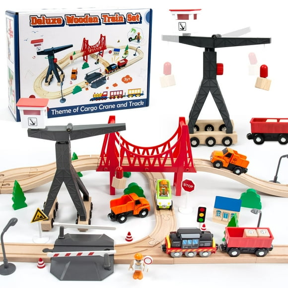 Juego de trenes de juguete WOOD CITY de madera de 56 piezas para niños de 2 a 5 años