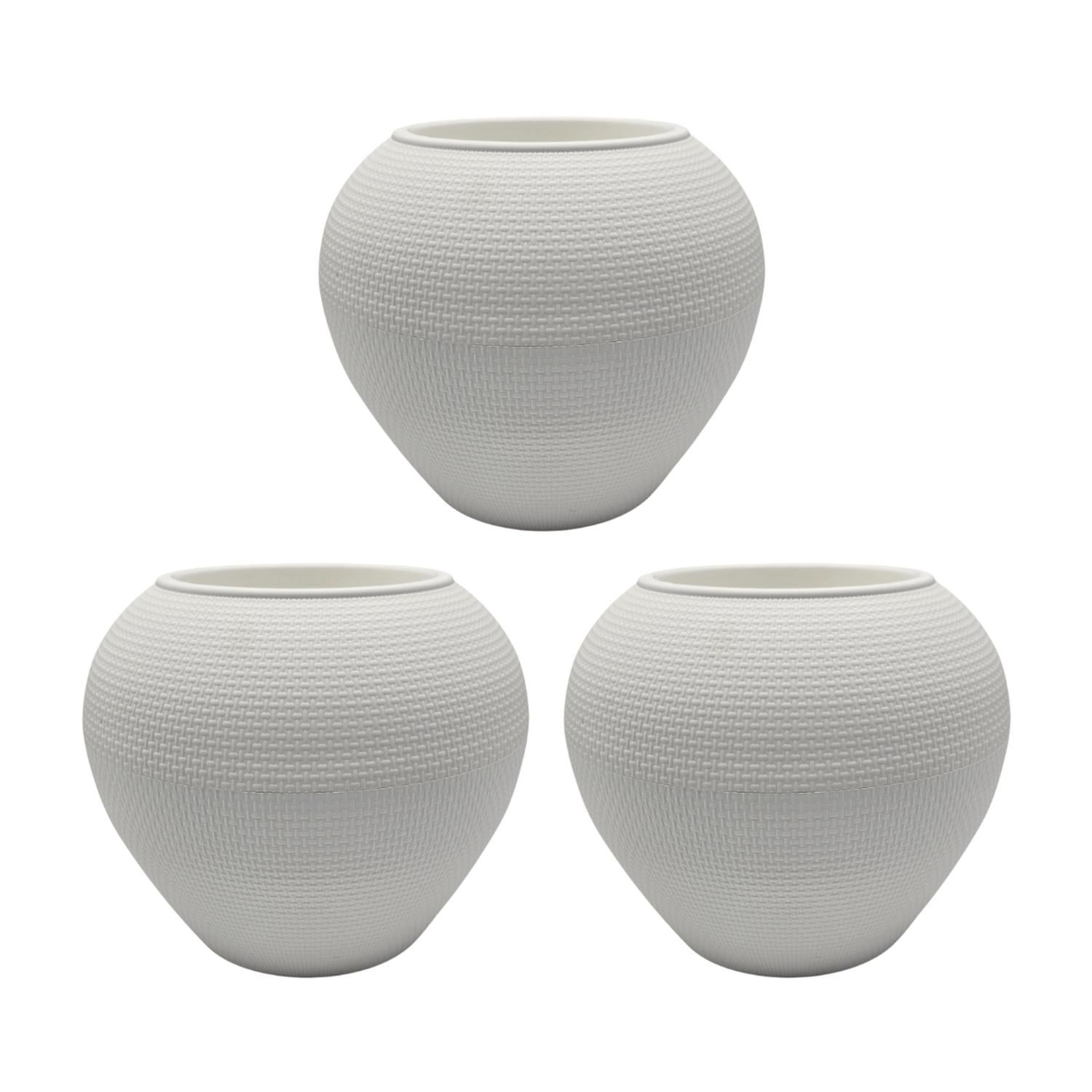 Fliperex - Set 3 Maceteros Plastico Redondo Ovalado Moderno Textura S Blanco