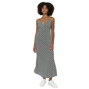 Vestido Mujer Largo Escote V Print Flores Negro Corona