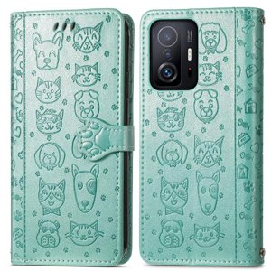 Funda Cartera Foxdock Para Xiaomi 11T , Flip Pu Con Relieve De Gatos Y Perros, Tarjetero Y Soporte