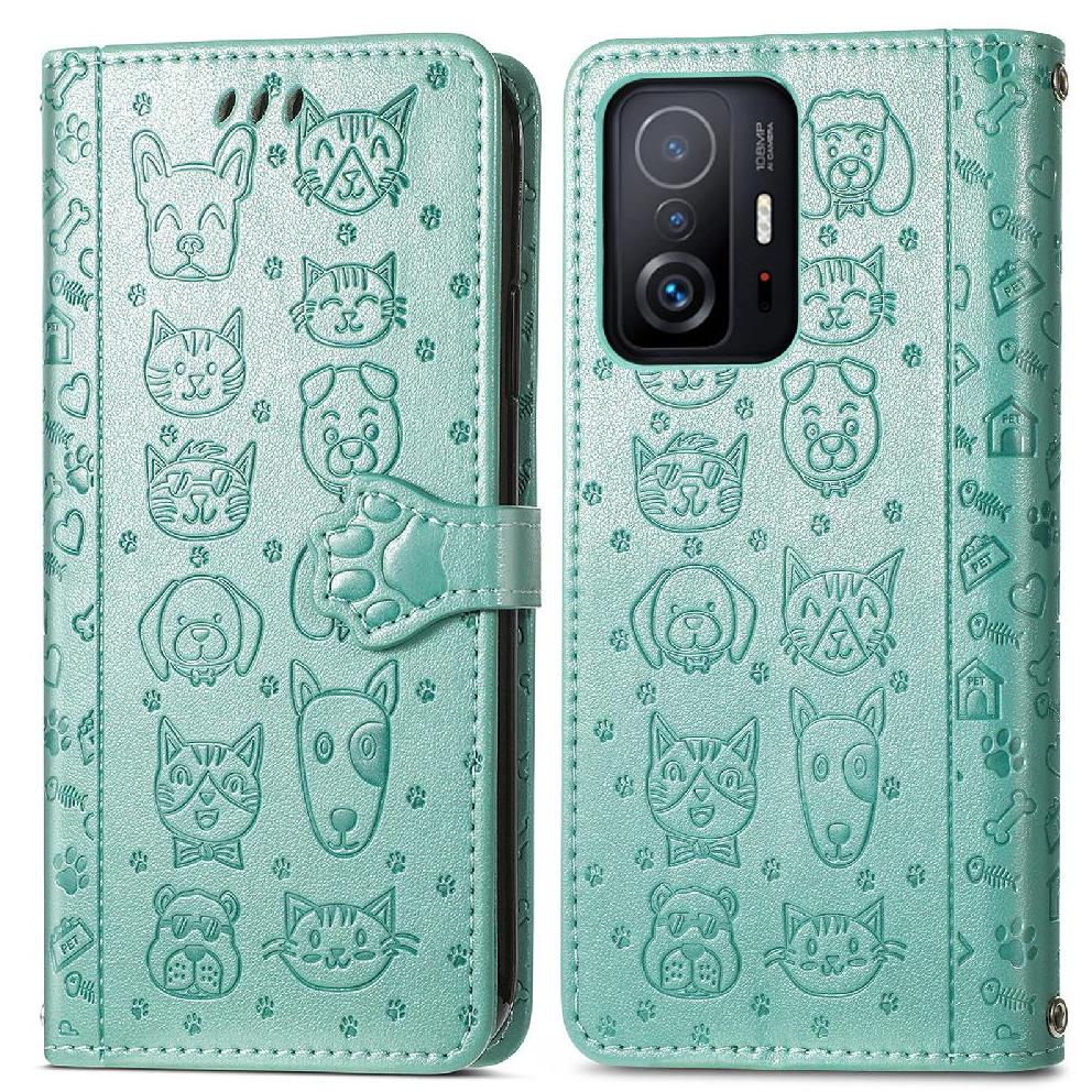 Funda Cartera Foxdock Para Xiaomi 11T , Flip Pu Con Relieve De Gatos Y Perros, Tarjetero Y Soporte