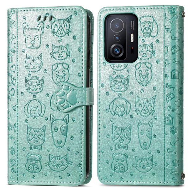 Funda Cartera FOXDOCK para XIAOMI 11T , Flip PU con Relieve de Gatos y Perros, Tarjetero y Soporte