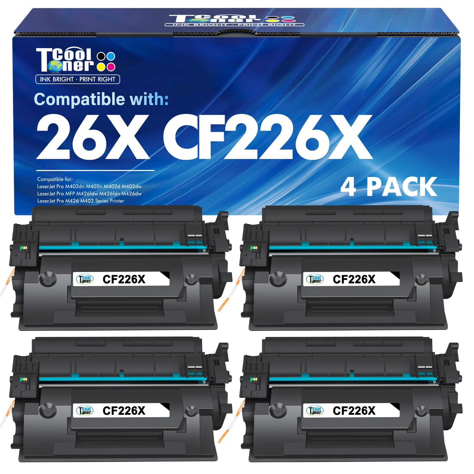 Cartucho De Tóner Cool Toner 26x Cf226x De Alto Rendimiento, Paquete De 4 Unidades, Negro