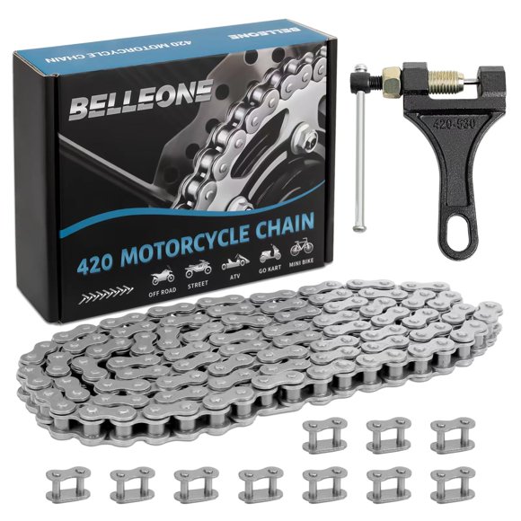 Cadena de rodillos Belleone #420 de 132 eslabones + Cortador + Pasadores maestros