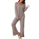 thumbnail image 1 of INSPIRE CHIC Conjunto de salón de punto acanalado para mujer con hombros descubiertos, pijama de 2 piezas de manga larga con pantalones de abertura lateral XL marrón, 1 of 6