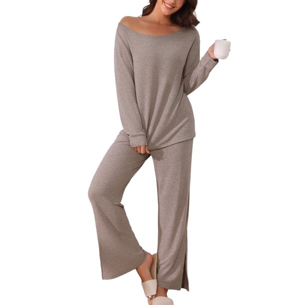 INSPIRE CHIC Conjunto de salón de punto acanalado para mujer con hombros descubiertos, pijama de 2 piezas de manga larga con pantalones de abertura lateral XL marrón