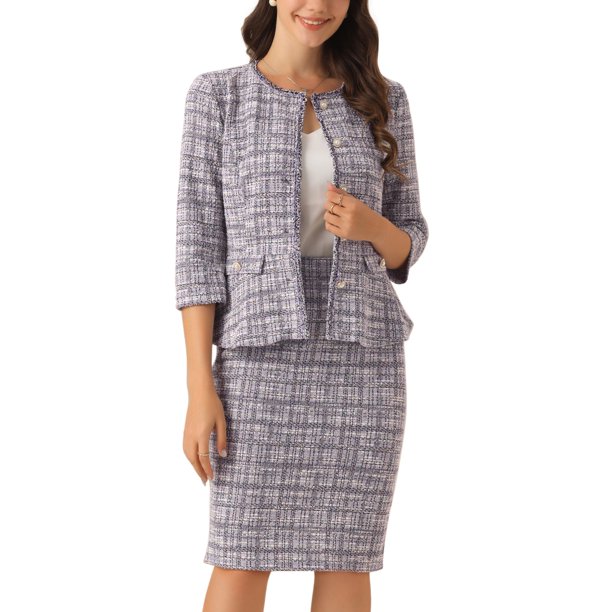INSPIRE CHIC Conjunto de Traje de Tweed de 2 Piezas para Mujer Conjunto de Atuendo de Maestra para Regreso a Clases Chaqueta de Manga 3/4 con Botones Falda Lápiz Púrpura S