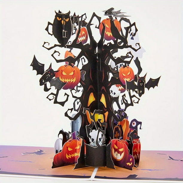 1pc, Happy Halloween 3D Pop-Up Card, Dead Tree With Skeleton Bat Pumpkin And Ghost Greeting Card With Small Note Card And Envelop, Handmade Paper Carved Card, Handmade Cartoon Card, Party Favors, Part