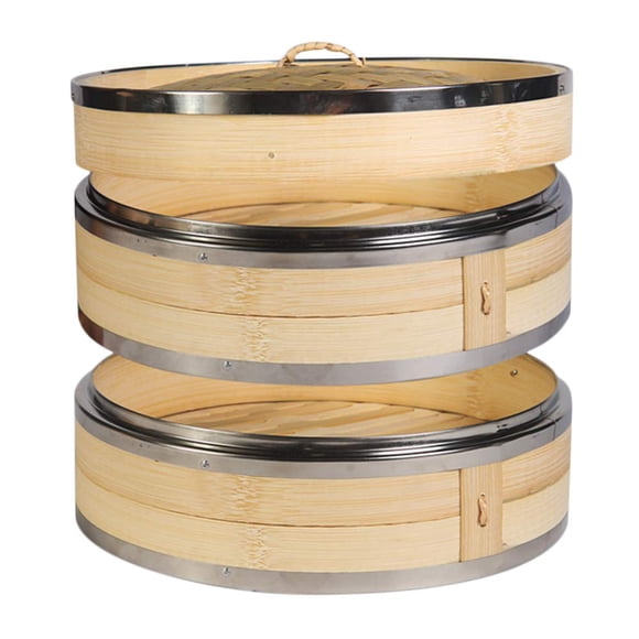 Vaporera de Bambú para Cocina Hcooker de 2 Niveles con Anillos de Acero Inoxidable