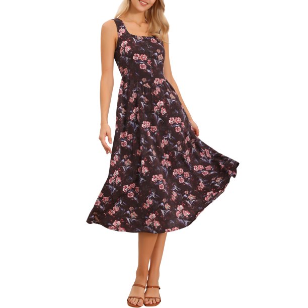 VESTIMENTA REFINADA Vestido sin mangas con estampado floral para el verano de las mujeres, vestido midi con cuello cuadrado y bolsillos XS Floral Rojo Marrón