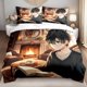 thumbnail image 1 of 3pcs Bedding set Bedding Cushion Cover Anime Wizard Boy with Glasses Reading by Fireplace Print, 1 of 1
