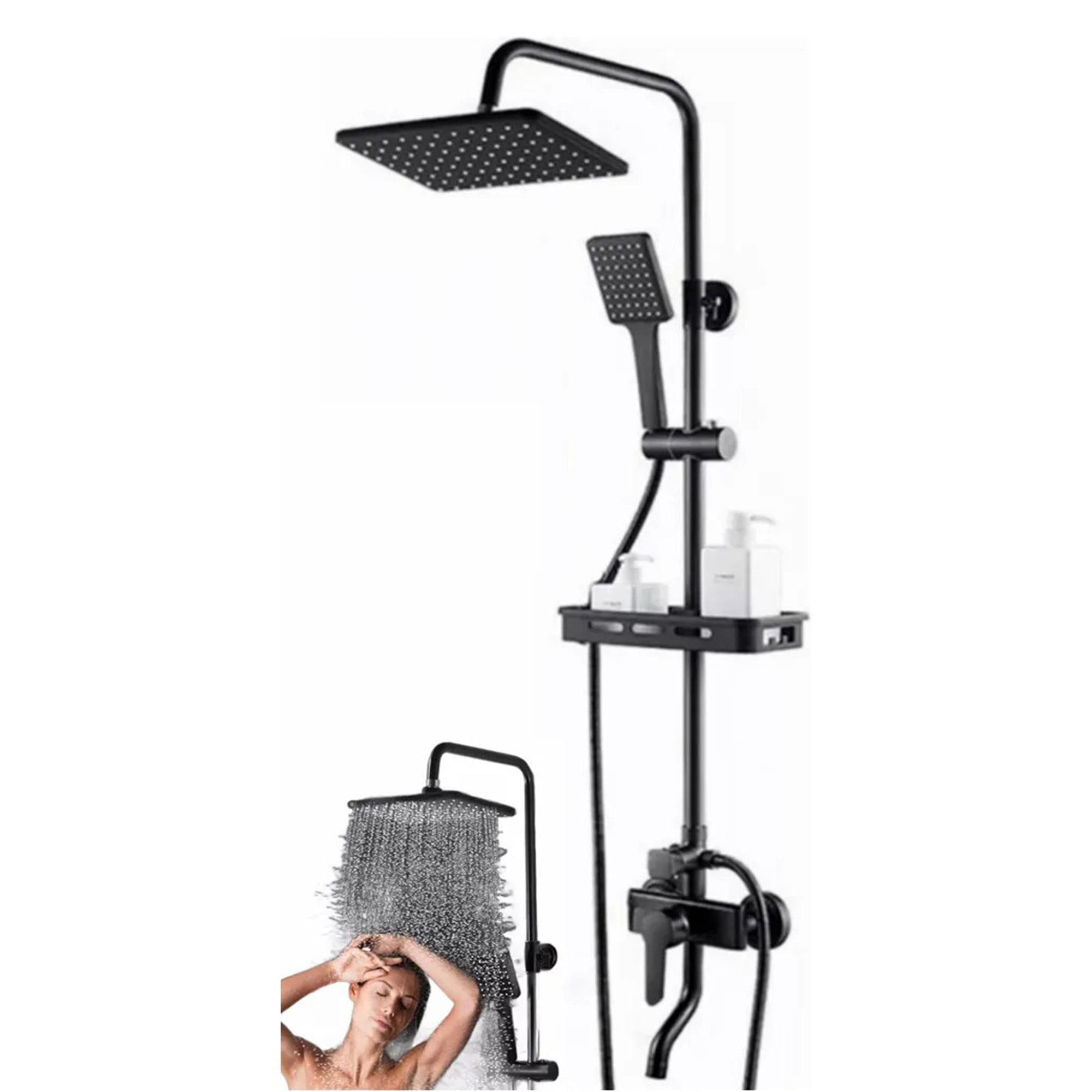 Genérica - Hermosa Columna Redondo De Ducha Negra Mate 3 Funciones, Cabezal De Ducha Cuadrado