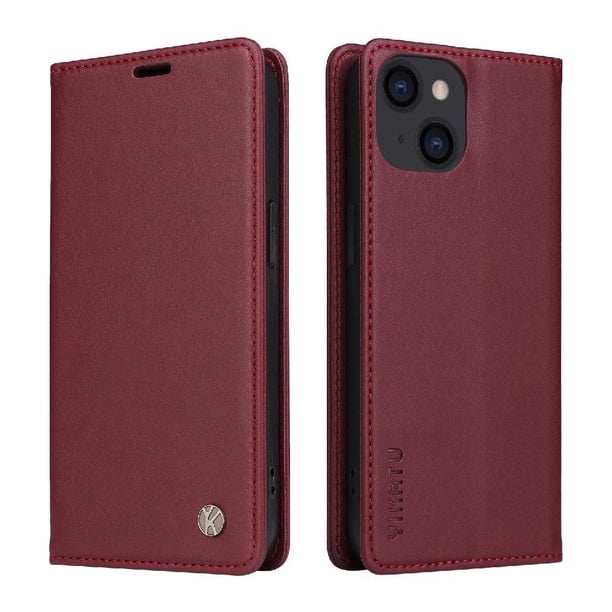 Funda Billetera de Cuero para iPhone 15 con Tarjetero y Soporte - Tapa Magnética Rojo