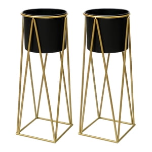 Fliperex - Set 2 Porta Maceteros Pedestal Igual Tamaño Negro Dorados