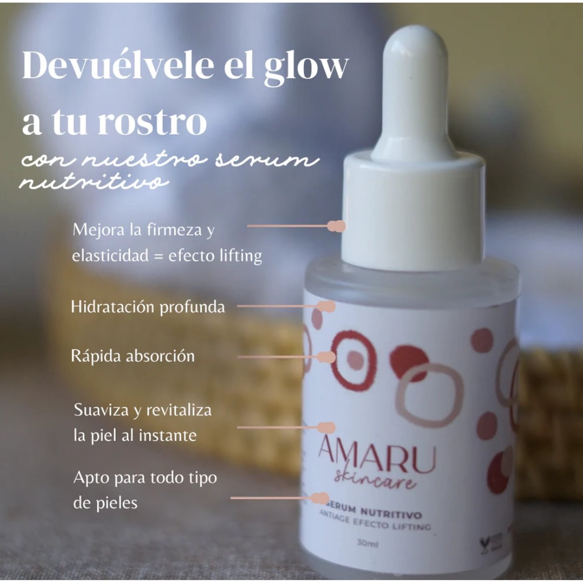 Amaru Skincare - Sérum Facial Con Ácido Hialurónico | Hidratación Y Efecto Tensor | Amaru | 30 Ml