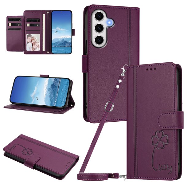 Funda Cartera Trébol para Samsung Galaxy S24 FE con Ranuras Tarjetas y Carga Inalámbrica Violeta