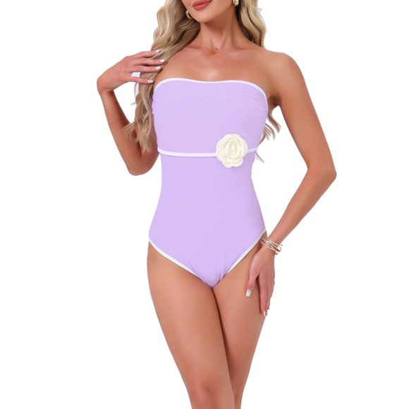 Monokini Bandeau con Flores 3D para Mujer de INSPIRE CHIC, 1 Pieza sin Tirantes con Control de Abdomen y Almohadillas Removibles, Pequeño, Púrpura Claro