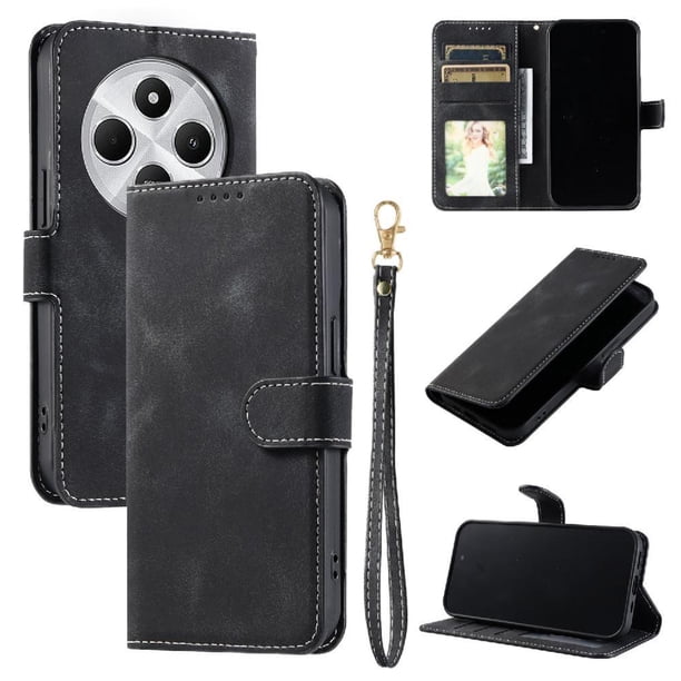 Funda Cartera para Xiaomi Redmi 14R Tapa con Ranuras, Soporte y Correa Negro
