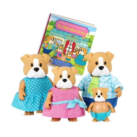 Toy Li'l Woodzeez La familia de los bulldogs de Woofington con libro de cuentos
