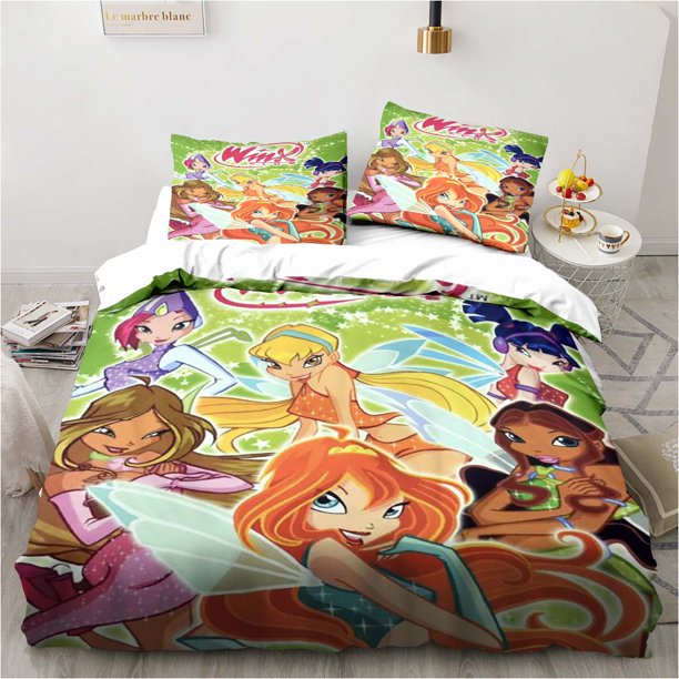 Kawaii Anime Winx Bedding Set Bed Three Piece Single Double Size Bed Set Adult Children's Bedroom Duvet Cover Set Kids Gift Bed Sheets
