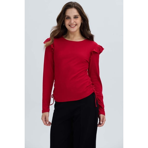 Polera Mujer Con Vuelo Rib Recogido Rojo Oscuro