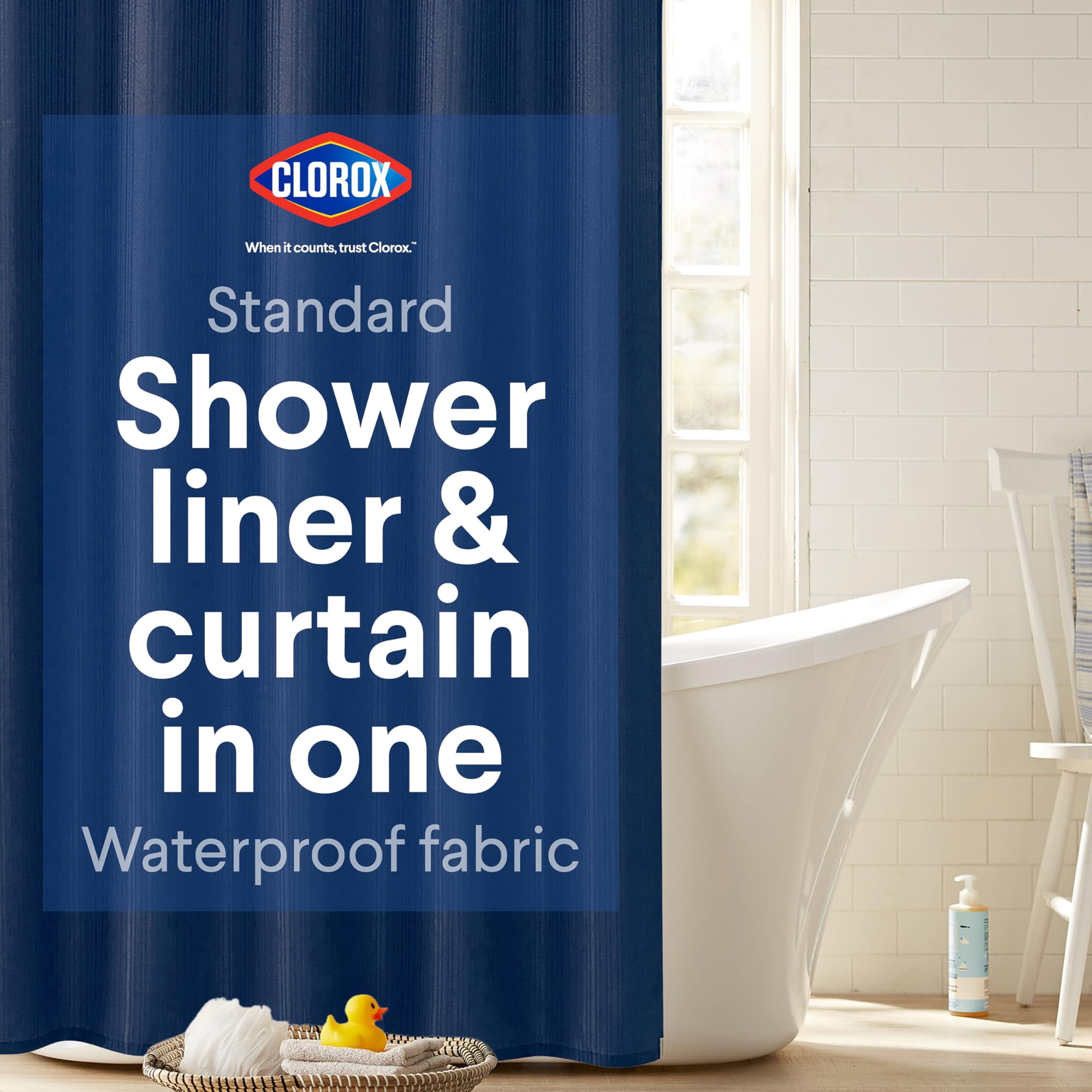 Cortina De Ducha Clorox 2 En 1 Para Baño, Tela Duradera, Azul, 72 X 72