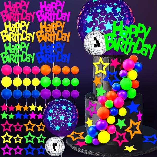 Juego de decoración para tartas SPFYUnion Glow, 56 piezas, neón reactivo a los rayos UV, fiesta