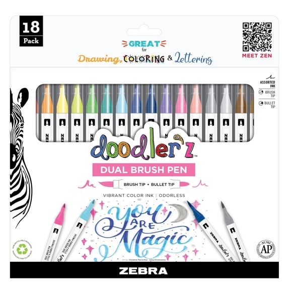 Conjunto de 18 Marcadores Dual Brush Zebra Pen Doodlerz, Colores Surtidos