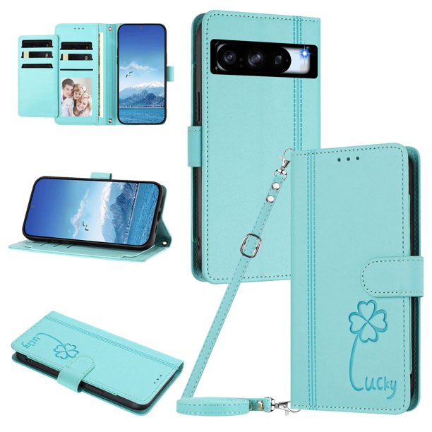 Funda Cartera Trébol para Google Pixel 8 Pro con Ranuras Tarjetas y Carga Inalámbrica Verde menta