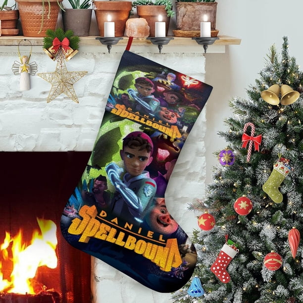 Daniel Spellbound Tema: Calcetines de Navidad, fino lino blanco para colgar en escaleras y chimenea, decoración navideña para el hogar, regalo de Navidad.54cm×38cm
