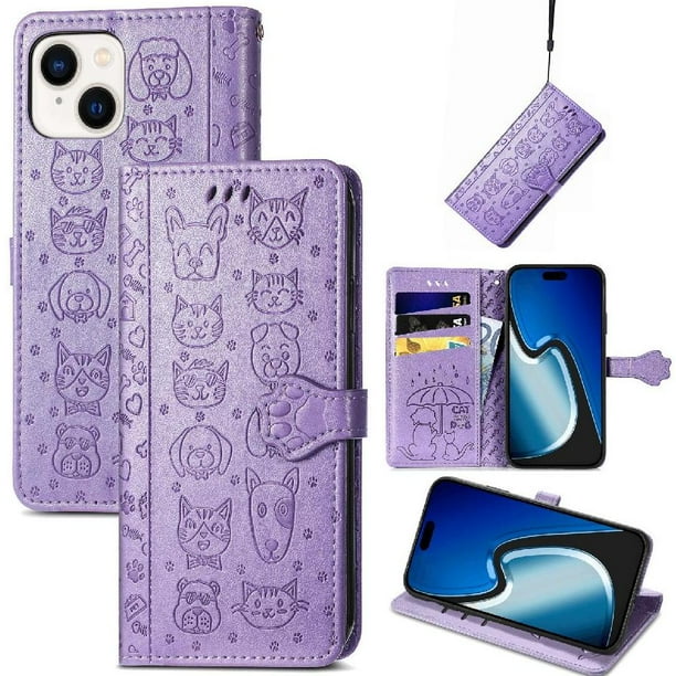 Funda Cartera FOXDOCK para iPhone 15 Plus , Flip PU con Relieve de Gatos y Perros, Tarjetero y Soporte
