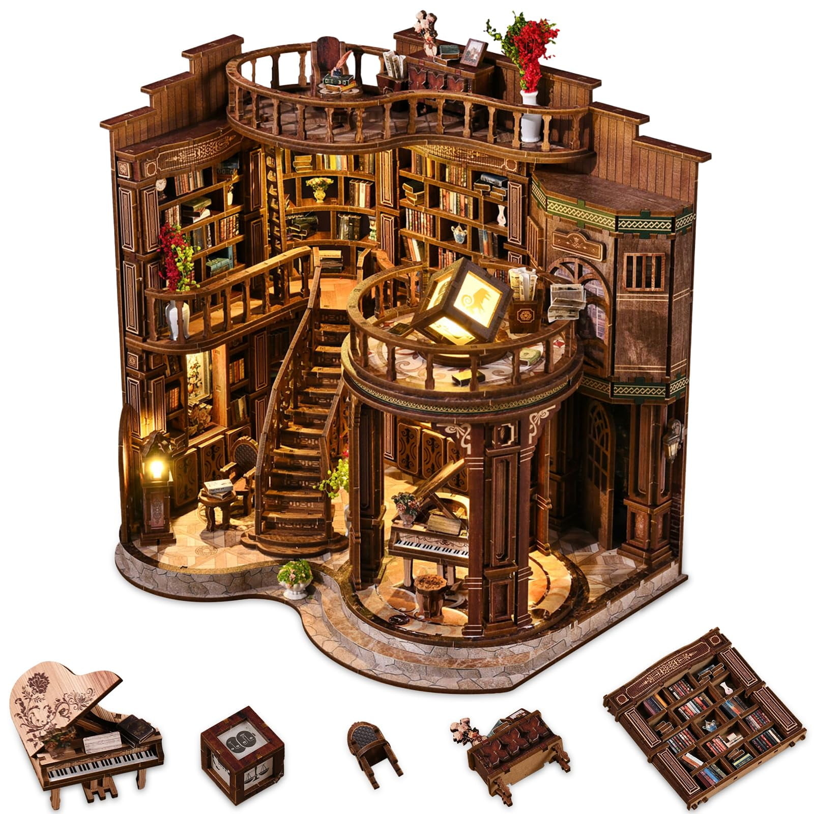 3dvase - Kit De Rincón Para Libros En Miniatura Para Casa De Muñecas, Rompecabezas De Madera 3d Con Led
