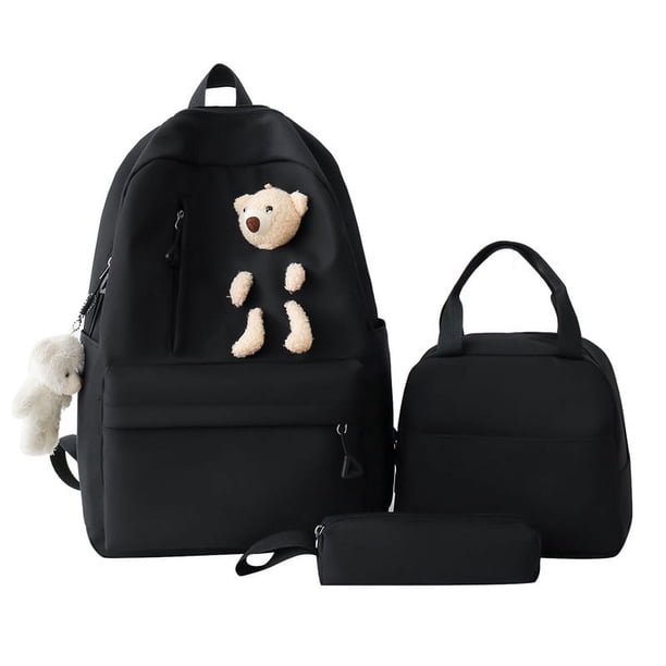 3pcs Kawaii Bear Graffiti Print Backpack, Cute Preppy Schoolbag With Lunch Box Bag And Pencil Case, Student Back To School Supplies
