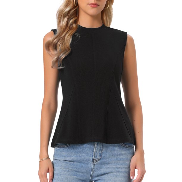 INSPIRE CHIC Blusas Peplum sin mangas para mujer, blusas informales de negocios estilo babydoll perfectas para verano y otoño, S Negro