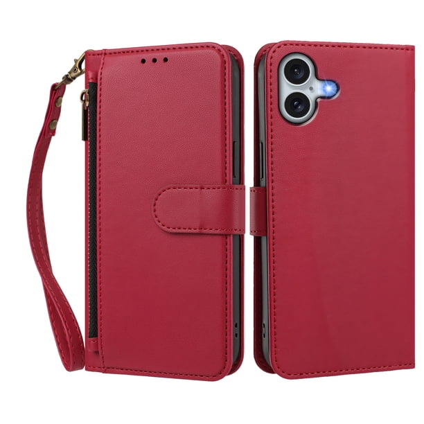 Funda Tipo Billetera para iphone16 Plus con Soporte y Bolsillo con Cierre Rojo