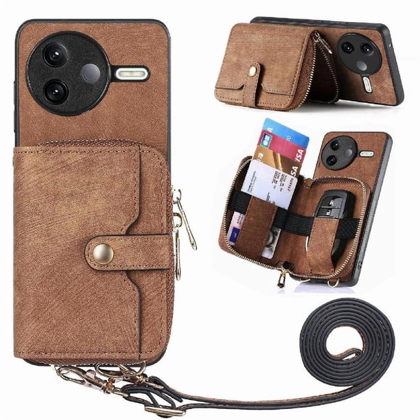 Funda Tipo Cartera con Correa Cruzada para Xiaomi Poco F7 Pro Protección Contra Golpes Marrón