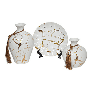 Muebles Santa Ana - Floreros Y Plato Decorativo Blanco Dorado Xl