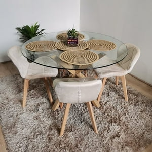 Coricori - Comedor Mesa Vidrio D120 + 4 Sillas Mariposa Velvet Beige