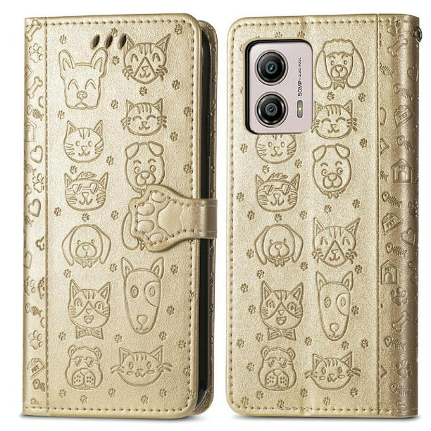 Funda Cartera FOXDOCK para MOTO G53 5G , Flip PU con Relieve de Gatos y Perros, Tarjetero y Soporte