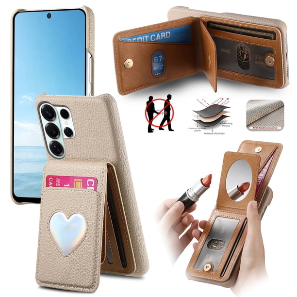 Funda FOXDOCK para Samsung Galaxy S26 Ultra con función billetera, soporte ajustable y diseño con espejo-caqui