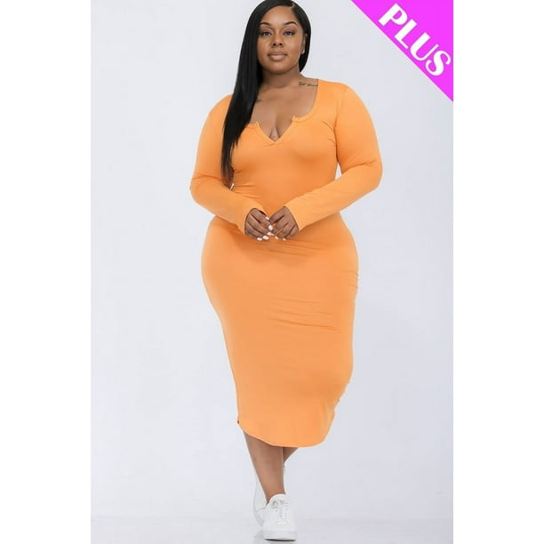 Vestido Midi de Manga Larga con Cuello Dividido y Talla Grande
