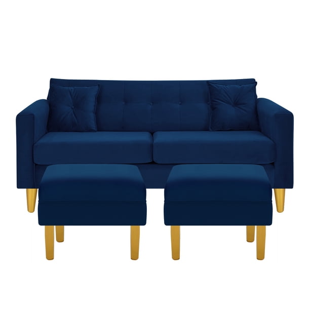 Sofa New Retro 3c + 2 Pouf Felpa 01 Azul Marino