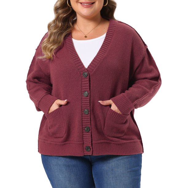 Agnes Orinda Conjuntos de Halloween Cárdigan de Punto para Mujer de Talla Grande con Cuello en V y Manga Larga Abrigo de Suéter de Otoño Invierno con Bolsillos 3X Burdeos