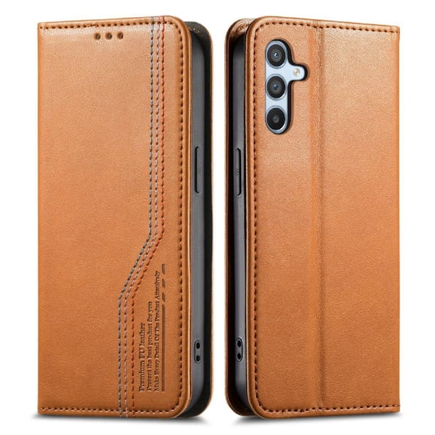 Funda tipo cartera para Samsung Galaxy A54 de piel con cierre magnético, ranuras para tarjetas y correa para la muñeca Marrón