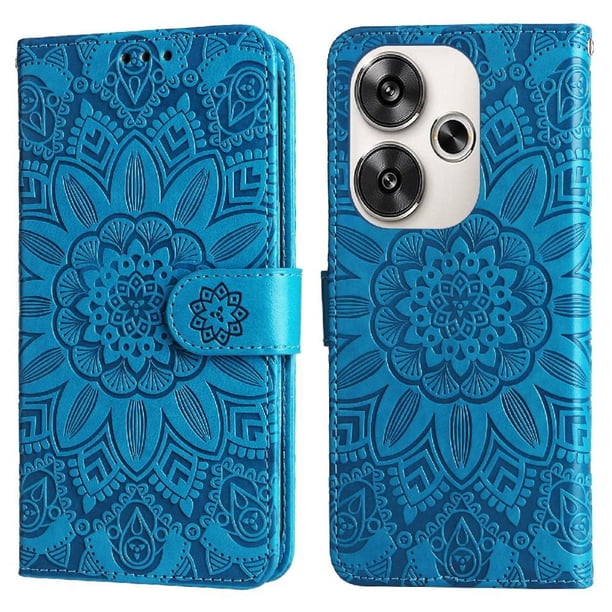 Funda tipo cartera FOXDOCK para Xiaomi Poco F6 , diseño girasol en relieve, cuero PU, cierre magnético, soporte y tarjetero