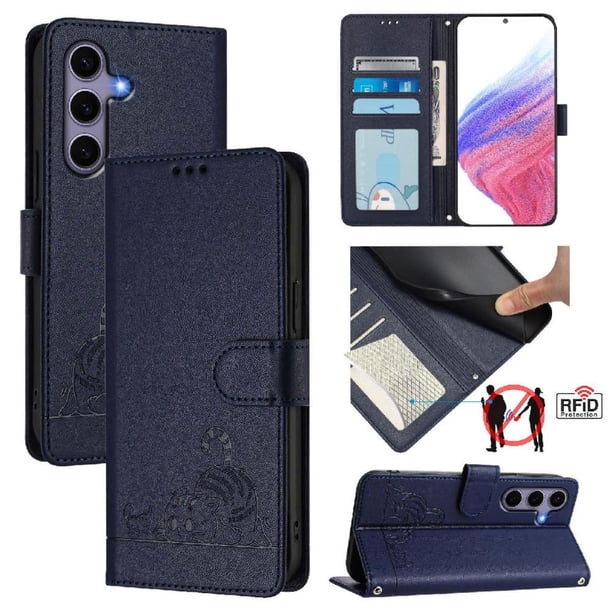 Funda tipo cartera FOXDOCK para Samsung Galaxy S25 con soporte, ranuras, RFID, diseño de gato