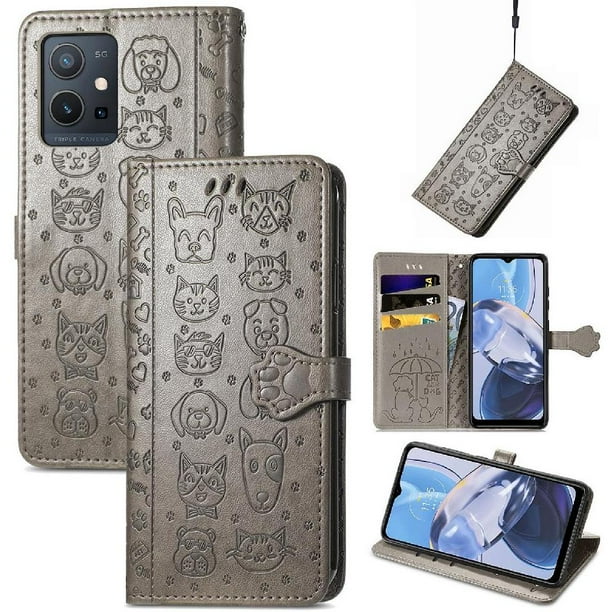 Funda Cartera FOXDOCK para MOTO E22 4G , Flip PU con Relieve de Gatos y Perros, Tarjetero y Soporte