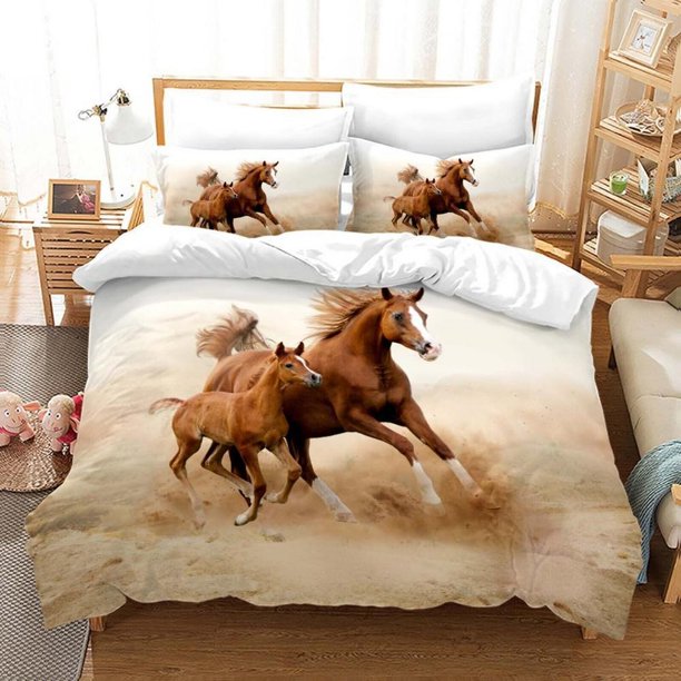 Running Horse Steed Animal Quilt Duvet Cover Set Doona Cover Kids Bedding3-Piece Bedding Set